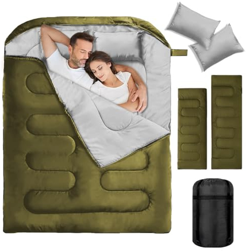2 Person Camping Sleeping Bag for Cold Weather & Warm, Double Sleeping Bags for Adults, Queen Size Sleeping Bag with 2 Pillow, Sleep Bag for Camping, Hiking, Backpacking (Army Green)