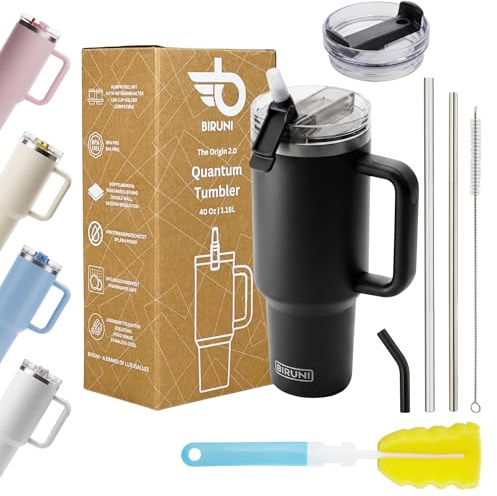 Thermobecher mit Strohhalm – Thermobecher 1,18L – doppelwandiger, vakuumisolierter Trinkbecher mit Deckel und Strohhalm, Reisebecher, Kaffeebecher Isolierbecher für heiße und kalte Getränke (Schwarz)