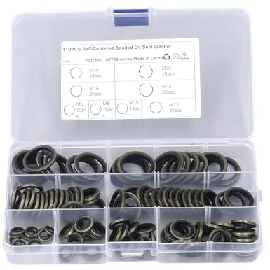 110Pcs Oil Seal Washer Kit Metal Rubber Bonded Sealing Washers M6 M8 M10 M12 M14 M18 M20 with Storage Box for High Temperature Industrial Use