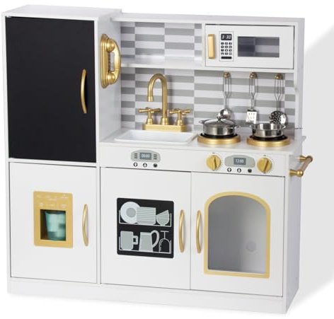 WOODENFUN Kinderküche Holz Spielküche für Kinder mit Blackboard, Telefon, Topf, Topfschaufel, Geschenk küche Kinder ab 3 Jahre(Milchweiß)