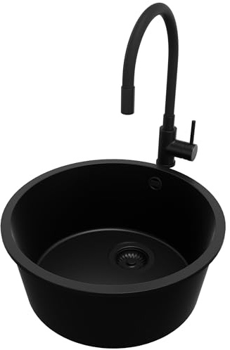 PRIMAGRAN Lavandino sottotop Tutto Nero 46x46cm, Lavello in Granito a 1 vasca + Rubinetto 40x38cm + Sifone Classico, Lavabo da Cucina al mobile 50cm - La Valletta S018