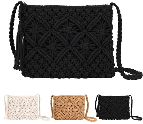 Sahunfri Borsa Paglia Donna Estiva Borse in Paglia a Tracolla Bohemien Tessuto a Uncinetto, Borsa Rafia Donna mare Viaggio e uso Quotidiano (Nero)