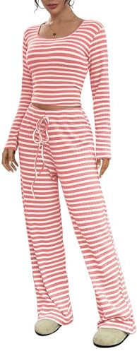 SotRong Tuta da donna in 2 pezzi a righe abbinate, top corto a maniche lunghe e pantaloni a gamba larga con coulisse, set da salotto in maglia a costine casual per il tempo libero, Pesca, S