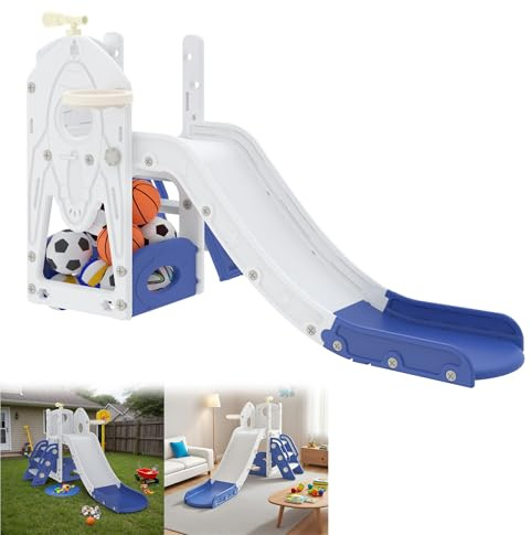 YRHome 5-in-1 Kinderrutsche mit Klettergerüst, freistehende Rutsche, Kletterleiter & Basketballkorb – Kinder Rutsche Mit Kletterleiter, Kletterer Rutsches Spielset mit Stauraum, Indoor/Outdoor