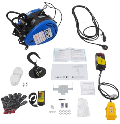 Verricello elettrico, 1500 W, 250 kg, con telecomando senza fili, 100 m, corda in acciaio, altezza di sollevamento 29 m, motore in rame, IP40, portatile, controllo del cavo