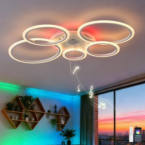 TuoyuanW Lampadario Altoparlante Bluetooth RGB Lampadari Circular Design con Telecomando Timer Dimmerabile Plafoniera con Luce Notturna e Funzione di Memoria per la Camera da Letto, Bianco