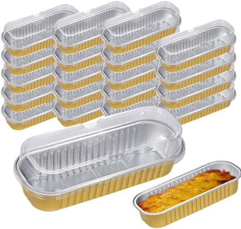 Mini in alluminio – Set di 20 rettangolari per dolci | Contenitori da dessert antiaderente, pirottini con coperchio, mini per torte, pirottini da forno in pellicola per D