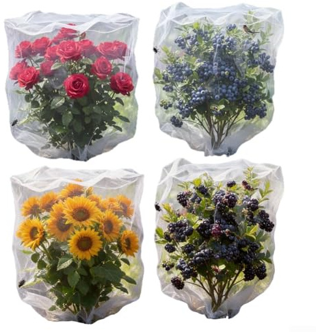 Lot de 4 filets anti-oiseaux transparents avec cordon de serrage pour clôturer les plantes et les arbres sans bloquer la lumière du soleil, l'eau ou la circulation de l'air (1,4 x 1,8 m)
