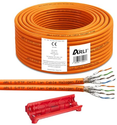 ARLI Cat7 Verlegekabel 50 m Netzwerkkabel duplex inkl. Abisoliermesser CAT.7 LAN Halogenfrei Installationskabel twin SFTP CAT7 PIMF Kabel Netzwerk Verkabelung Datenkabel geschirmt AWG23/1 Kupfer 50m