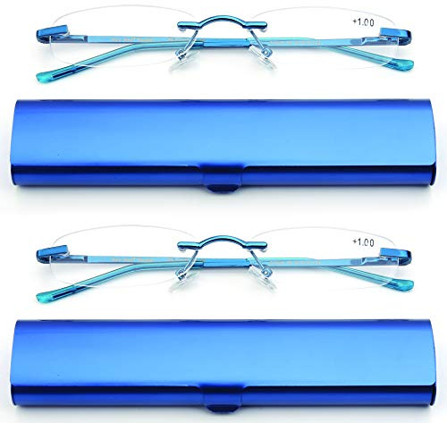 Newbee Fashion-Portable Compact Reading Glasses in Aluminum Case Metal Rectangle Rimless Reading Glasses Super Lightweight Reader Slim Design Comfort Fit 2 Pack Blue 1.75