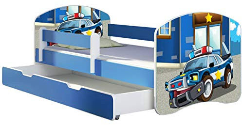 ACMA Kinderbett 160x80 cm Blau mit Bettkasten, Matratze & Lattenrost – Jugendbett mit Rausfallschutz, personalisiertes Motiv 38 Polizei, Kinderzimmer, belastbar bis 120 kg