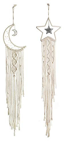 TOKYMOON Arazzo Macrame da Parete Acchiappasogni Fatti a Mano Woven Tapestry Cattura Sogni Boho Decorazione Casa Salotto Camera da Letto Nozze Muro Macrame Arazzo da Parete (Luna+Stella)