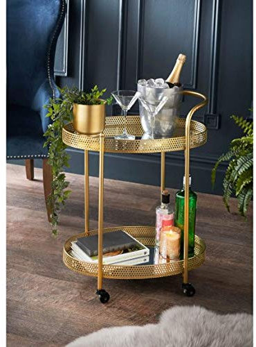 MND Dealings Deco Glamour Drinks Trolley Oval Mirrored Shelves Rolling Kitchen Coffee Table Serving Bar Cart With Wheels for Home, Living Room - Gold
