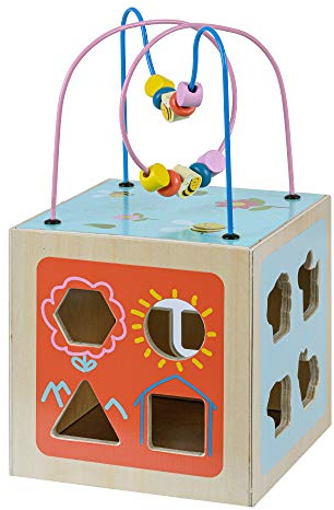 Teamson Kids Preschool 5 in 1 Wooden Activity Cube, Multifunctional-Play Educational Toy, Bead Abacus Maze, Colour Shape Sorter