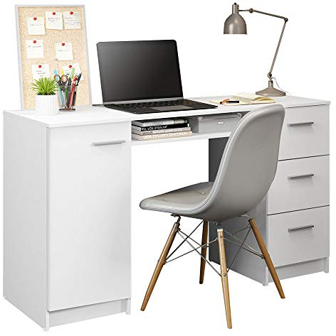 Madesa Computer Desk 53 Inch with 3 Drawers 1 Door and 1 Storage Shelf Ergonomic Wooden Home Office Gaming Writing Workstation Study Furniture - White