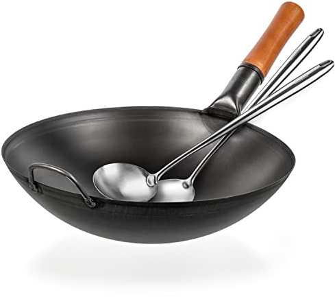 YOSUKATA 36 cm Carbon Steel Wok Pan Set - 43 cm Wok Spatula & Ladle - Heat-Resistant, Dishwasher Safe