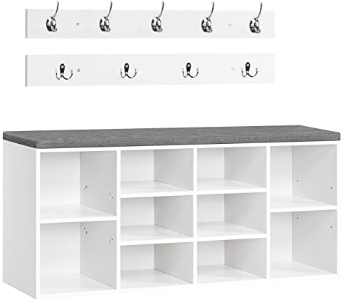 HOOBRO Schuhbank mit 10 Fächern, Garderobe Schuhregal Set, Schuhregal mit gepolsterter Sitzbank mit Stauraum, Wandgarderobe mit 9 Haken, Schuhschrank für Flur, Eingangsbereich, Schlafzimmer EWT110HX01