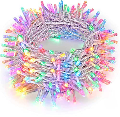 Tradineur - Tira de 300 Luces Leds a Pilas - Cableado Blanco - Apto para Interiores - Función de luz foja e Intermitente - 24 Metros - Multicolor