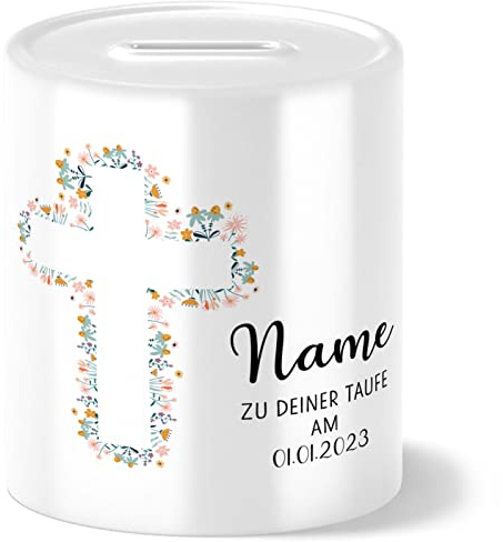 OWLBOOK Taufe Kreuz mit Blumen Spardose personalisiert zur Taufe für Mädchen und Jungen Jungs als Taufgeschenk Geschenk Geschenkidee Geldgeschenk Dekoration
