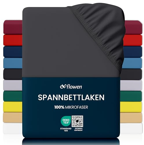 Flowen Spannbettlaken 150x200 cm Mikrofaser Spannbetttuch Dunkelgrau für Bett Atmungsaktive Hypoallergene Bettlaken Anti-Milbe Leicht Weich und Knitterfrei mit 30 cm Tiefe Tasche Maschinenwaschbares