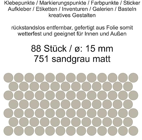 Aufkleber Etiketten Klebepunkte aus Folie 88 Stück grau sandgrau matt rund 15 mm selbstklebend farbig wetterfest Decal Markierungen Organisieren DIY basteln verzieren Modellbau Scrapbooking