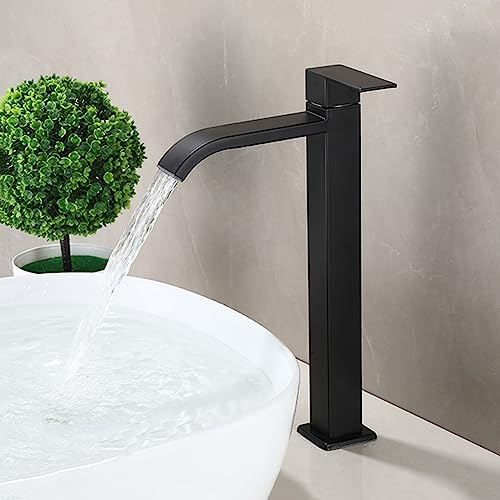 Armatur Aufsatzwaschbecken Einhebel-Kaltwasserhahn Wasserfall Waschtischarmatur Hoch Aus Edelstahl,Schwarz