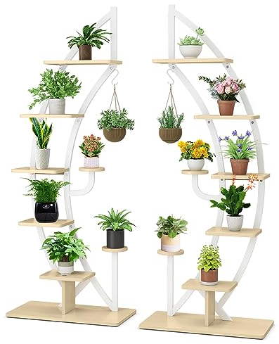 RELAX4LIFE Blumenständer, Pflanzenständer 6-Stufig, Pflanzenregal Metall, Innen & Außen Blumentreppe, Blumenregal mit Ablagen Haken für Wohnzimmer, Balkon, Schlafzimmer (2 Stück, Weiß)