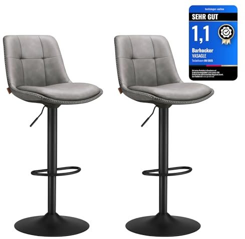 VASAGLE Barstolar, set med 2 köksstolar, justerbar höjd, svängbar sits, PU-stoppad sits med ryggstöd och fotstöd, matsalsbord, stål, duvgrå LJB095G01