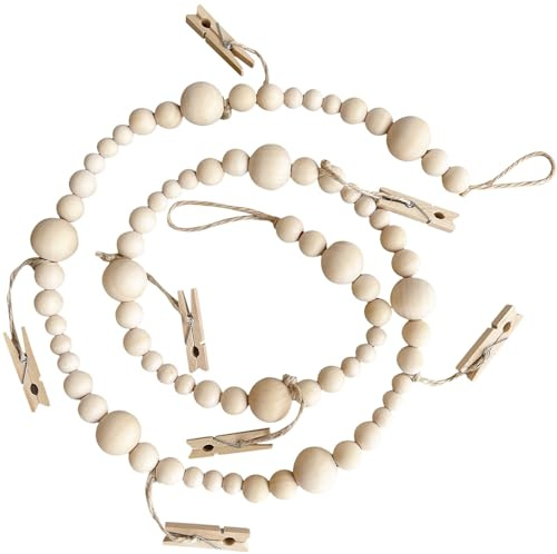 DNUZEWR 4 Feet Hanging Photo Display with Clips Boho Decor Wooden Bead Garland Birthday Photo Display Holder Frame Decoration for Dorms, Classrooms, Bedrooms
