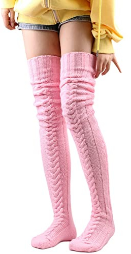 Wisafory Overknee strumpor dam extra långa knästrumpor varma vinterstrumpor stickade strumpor ränder grovstickade termostrumpor överknästrumpor lår höga strumpor tights benvärmare rosa