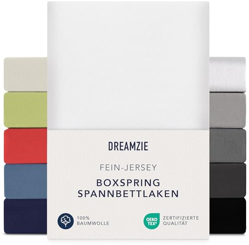 Dreamzie Premium Spannbettlaken 180x200 cm - 200x200 cm - 37cm Seitenhöhe - auch für Boxspringbett & Wasserbett - Bettlaken Boxspringbett 100% Jersey Baumwolle, 150 g/m² - Oeko-TEX - Weiß