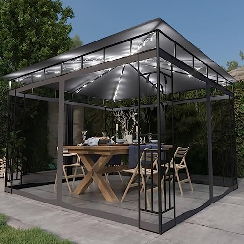 Hommdiy Pavillon mit Moskitonetz und LED Lichterketten Gartenzelt Partyzelt Festzelt Gartenpavillon Bierzelt Garten Zelt Outdoor 3 x 3 x 2,73 m,Anthrazit