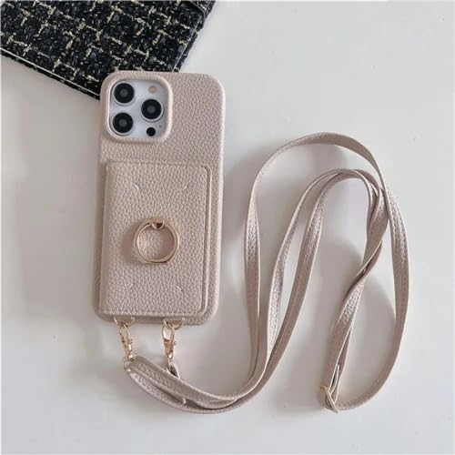SMIEK Crossbody Lanyard Leder-Handyhülle für iPhone 15 14 Plus 13 12 Mini 11 Pro Max Ring-Geldbörse mit Kartenhalter Stoßfeste Hülle, Khaki, Für iPhone 11 Pro
