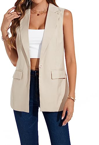 LADI TREND Gilet da donna a maniche lunghe, blazer per ufficio, completamente foderato, giacca con un bottone, gilet, Beige, XXL