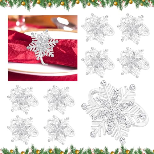 12 Stück Serviettenringe Schneeflocke Silber - Glitzer Napkin Ring Set für Weihnachten Party
