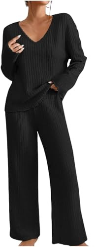 Womens Lounge Wear Sets Tracksuits for Women UK Ladies Travel Outfits Women Co Ord Sets Womens 2 Piece Outfit Leisure Suits for UK Airport Outfit Knitted Long Sleeve Blouse and Pant Set