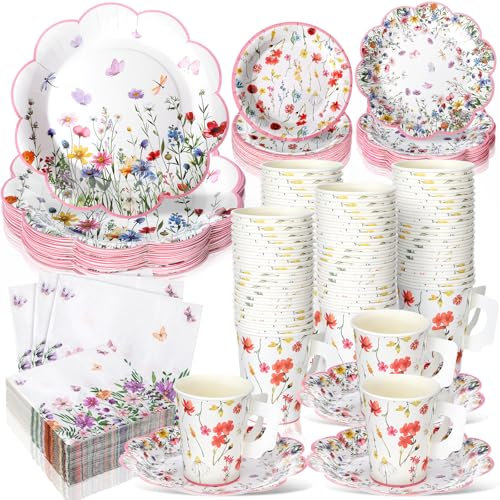 Pickmesh 252 Pcs Floral Tea Party Supplies for 36 Guests Wildflower Paper Disposable Dinnerware Floral Teacups with Handle and Saucers Sets for Tea Party Decorations Birthday Baby Shower Wedding