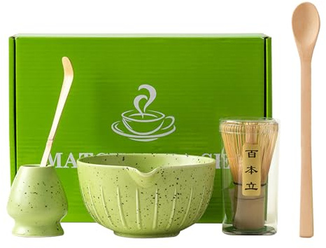 Matcha Tee Set mit Matcha Besen, und Matcha Bowl, Matcha Besen Set Matcha Löffel Keramik Matcha Schneebesen Halter Matcha Ceremony Kit(Grün)