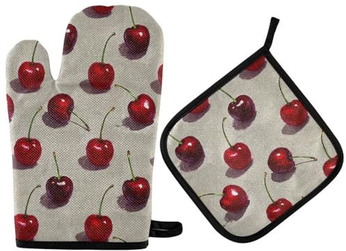 Ölgemälde mit roter Kirsche, Ofenhandschuh, Topflappen, wärmeisoliert, Küchenhandschuhe, 2 Ofenhandschuhe für Grill, Küche, Kochen