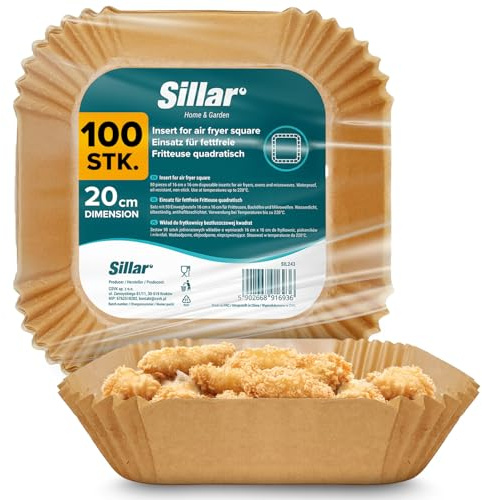 Sillar Papel para freidora 20cm 100 piezas Cuadrado Papel de horno para Airfryer, antiadherente Resistente al aceite, Resistente al calor hasta 220°C Juego de papel de horno para Airfryer