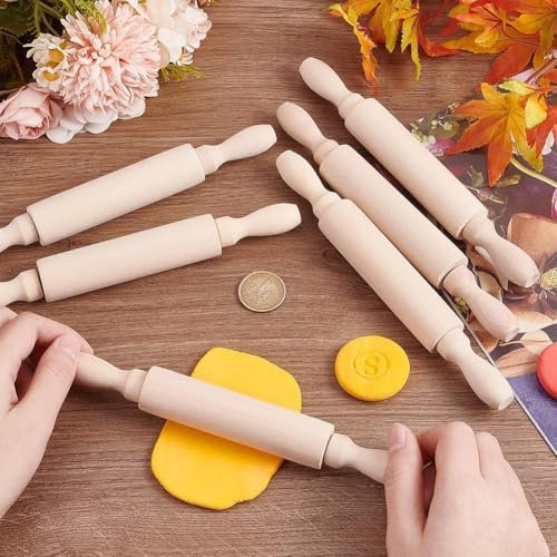 Mini Rolling Pin 6 Pack Thanksgiving Kids Small Wooden Rolling Pins with 2 Rollers Handle Non-Stick Playdough Dough Roller for Child Play in The Kitchen Baking Cookie Christmas Easter, 5.5inch