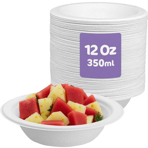 iSOUL Compostable Bagasse Disposable Bowl 350ml, 12oz Eco-Friendly Paper Soup Bowls for Milk Salads, Soups Picnics BBQ Parties Rigid Salad Bowls Sugarcane Paper Bowl White 50 Pack