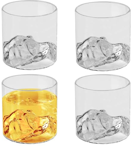 WANDGU Set di 4 bicchieri da whisky da 200 ml, bicchieri da cocktail r, design paesaggio di montagna, per whisky, rum e bevande miste, elegante presentazione di bevande con incisione di montagna e