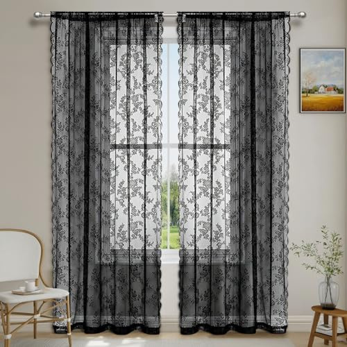 YKAFADE 2 Stück Spitze Vorhang Gardinenschal Blumen Muster Gardinen Transluzente Vintage Romantisch Dekoschal Ösenvorhänge Tüllvorhänge Fensterschal für Wohnzimmer Schlafzimmer -75x150cm(BxL),Schwarz