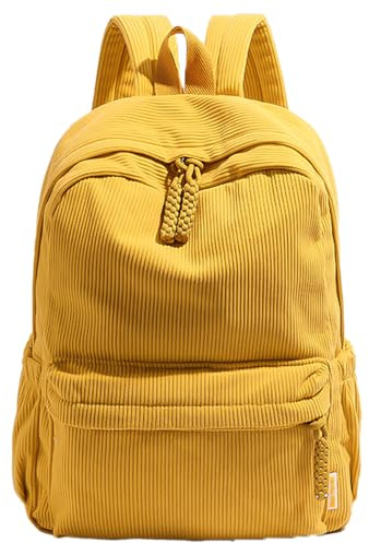BlissFabrics Cord Rucksack Damen & Teenager Leichter Schulrucksack Mit Laptopfach Große Büchertaschen Für Schule Reisen Cordtasche Daypack Mädchen Jungen Arbeit Alltag (Gelb,40cm*29cm*12cm)