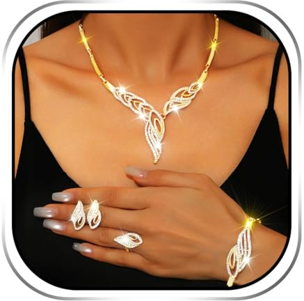 Handcess Bride Wedding Jewelry Set Gold Rhinestone Necklace Earrings Sets Sparkly Bridal Necklace Jewelry Accessories for Women