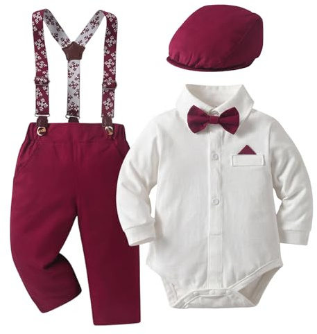 Fohuanky Weihnachtsanzug für Jungen mit Fliege, Hosenträger & Flachmütze - Festlicher Strampler im Gentleman-Look für Babys