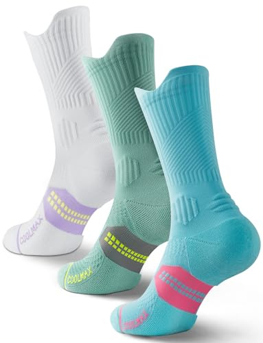 Juclise Womens Coolmax Bamboo Compression Running Crew Socks, 3 Pairs (UK, Numeric, 8, 12, Regular, Regular, Frosty Green+Aqua)