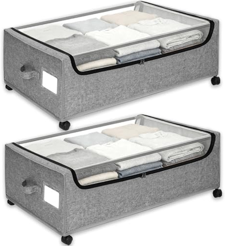 Under Bed Storage with Wheels, 2-Pack Under the Bed Storage Containers with Clear Lids & Label, Underbed Storage Bins, XXXL 85L 11 inches Rolling Metal Drawer for Clothes, Shoes, Toys, Books - Gray