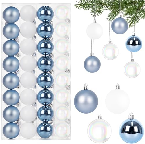 32 Stück Perlglanz Weihnachtskugeln Set,4CM Christbaumkugeln Kunststoff Eisblau & Weiß Weihnachtsbaumkugeln Bruchsicher Weihnachtsdeko mit Aufhänger Weihnachten Deko Kugeln